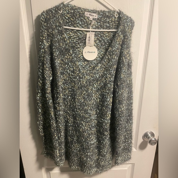 Gray with Green & Blue Confetti Detail V-Neck Sweater Eyelash Fuzzy Knit, Medium - Picture 3 of 9